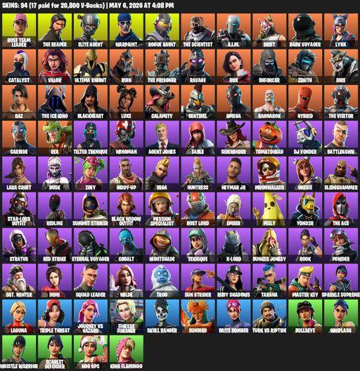 [PC/PSN/XBOX] | 94 skins | Take The L | OG STW | The Reaper | Elite Agent | Omega | Lara Croft | Reaper Axe | Rose Team Leader | Warpaint | Full Access