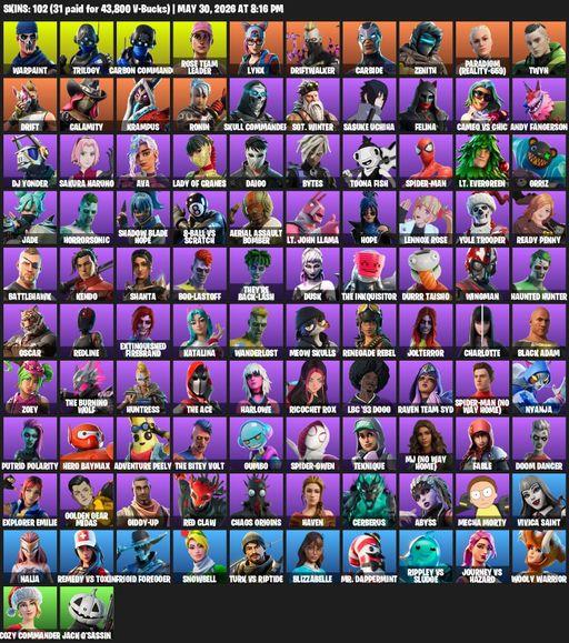 [PC/PSN/XBOX] | 102 skins | OG STW | Warpaint | Trilogy | Carbon Commando | Rose Team Leader | Lynx | Driftwalker | Carbide | Zenith | Full Access