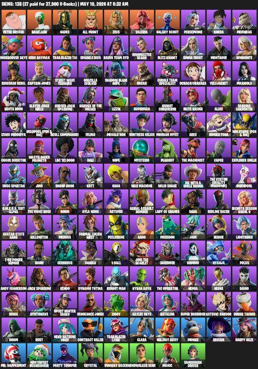 [PC/PSN] | 138 skins | Peter Griffin | Backlash | Hades | All Might | Zeus | Valeria | Galaxy Scout | Persephone | Korra | Meowdas | Undercover Skye | Full Access