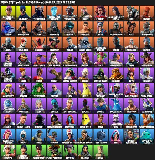 [PC/PSN/XBOX] | 97 skins | Merry Mint Axe | OG STW | Omega | Rose Team Leader | Warpaint | The Ice King | Frozen Love Ranger | The Visitor | Drift | Full Access