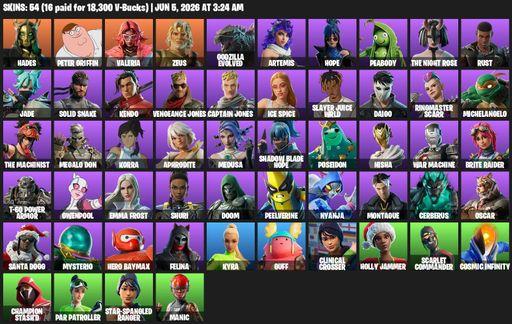 [PC/PSN/XBOX] | 54 skins | 550 V-bucks | Reaper Axe | Hades | Peter Griffin | Valeria | Zeus | Godzilla Evolved | Artemis | Hope | Peabody | Full Access