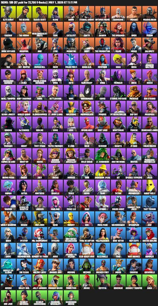 [PC/PSN/XBOX] | 185 skins | Take The L | Travis Scott | The Reaper | Elite Agent | Glow | Ronin | Eternal Knight | Optimus Prime | Ragnarok | Menace | Full Access