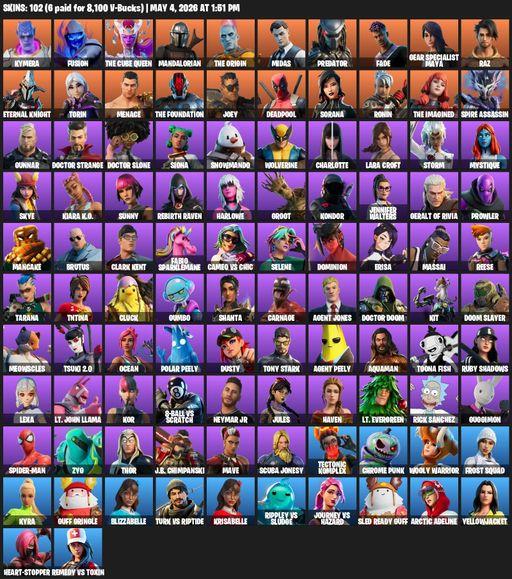 [PC/XBOX] | 102 skins | 1850 V-bucks | Lara Croft | Kymera | Fusion | The Cube Queen | Mandalorian | The Origin | Midas | Predator | Fade | Full Access