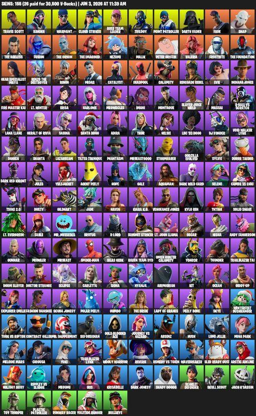 [PC] | 155 skins | OG STW | Travis Scott | Xander | Warpaint | Cloud Striker | Rose Team Leader | Trilogy | Point Patroller | Darth Vader | Fade | Full Access