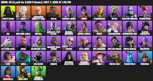 [PC/PSN/XBOX] | 43 skins | Darth Vader | Snap | Paradigm (Reality-659) | Malik | Cassidy Quinn | Robin | Stormfarer | Bytes | Captain Phasma | Full Access