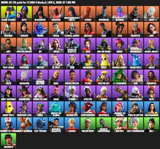 [PC/XBOX] | 81 skins | Reaper Axe | Cloud Striker | Blitz | Blackheart | Deadpool | Gear Specialist Maya | Hybrid | Omegarok | Kymera | Ruin | Snap | Full Access