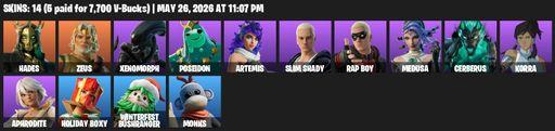 [PC/PSN/XBOX] | 14 skins | Hades | Zeus | Xenomorph | Poseidon | Artemis | Slim Shady | Rap Boy | Medusa | Cerberus | Korra | Aphrodite | Holiday Boxy | Full Access