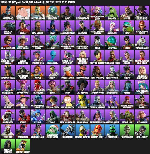 [PC/XBOX] | 92 skins | Omegarok | Peter Griffin | Spectra Knight | Leviathan | Rust | Outlaw Midas | Rebirth Harley Quinn | Peabody | Oscar | Full Access
