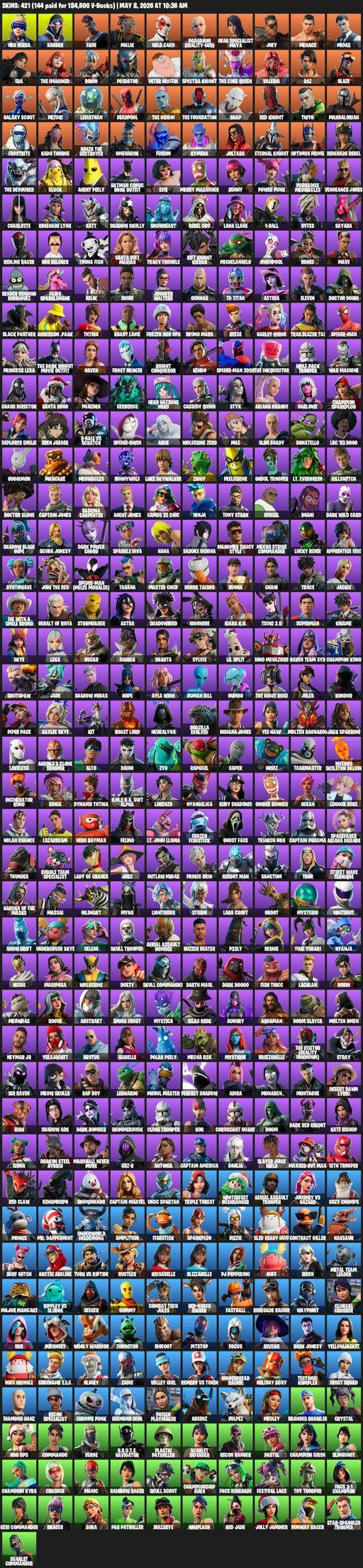[PC] | 421 skins | Raider's Revenge | Renegade Raider | Aerial Assault Trooper | Lara Croft | Neo Versa | Xander | Fade | Malik | Wild Card | Full Access