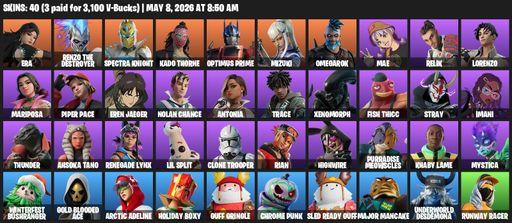 [PC/PSN/XBOX] | 40 skins | 1300 V-bucks | Era | Renzo the Destroyer | Spectra Knight | Kado Thorne | Optimus Prime | Mizuki | Omegarok | Mae | Relik | Full Access