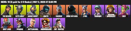 [PC/PSN/XBOX] | 15 skins | 1100 V-bucks | Take The L | The Reaper | Elite Agent | Mako | Rogue Agent | Zenith | Carbide | Dark Voyager | Lynx | Full Access