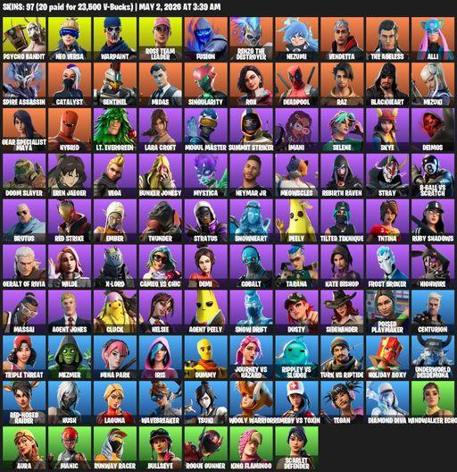 [PC/PSN/XBOX] | 97 skins | Leviathan Axe | OG STW | Lara Croft | Psycho Bandit | Neo Versa | Warpaint | Rose Team Leader | Fusion | Full Access
