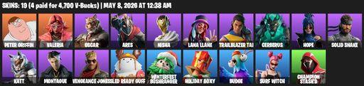 [PC/PSN] | 19 skins | Peter Griffin | Valeria | Oscar | Ares | Nisha | Lana Llane | Trailblazer Tai | Cerberus | Hope | Solid Snake | Katt | Montague | Full Access