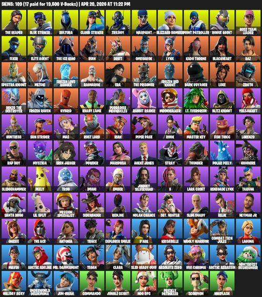 [PC] | 109 skins | Take The L | OG STW | The Reaper | Elite Agent | Lara Croft | Blue Striker | Sultura | Cloud Striker | Trilogy | Warpaint | Full Access