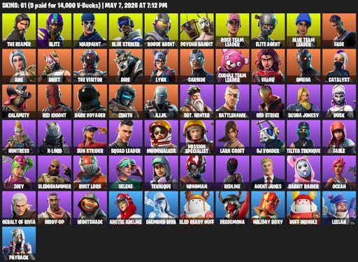 [PC/PSN/XBOX] | 61 skins | 750 V-bucks | Take The L | OG STW | The Reaper | Elite Agent | Omega | Lara Croft | Blitz | Warpaint | Blue Striker | Full Access