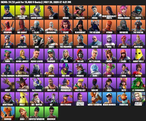 [PC/XBOX] | 74 skins | OG STW | Omega | Reaper Axe | Warpaint | Rose Team Leader | Rogue Agent | Fade | Calamity | Midas | Gear Specialist Maya | Full Access