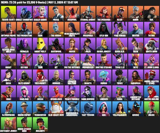 [PC/PSN/XBOX] | 73 skins | Travis Scott | Cobalt Snowfoot | Harley Quinn | Midas | Deadpool | Eternal Knight | The Imagined | Blaze | Ronin | Era | Full Access