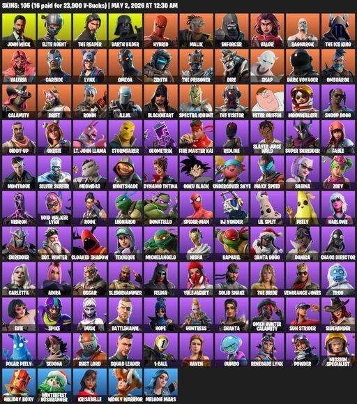 [PC/PSN/XBOX] | 105 skins | Take The L | The Reaper | Elite Agent | Omega | John Wick | Darth Vader | Hybrid | Malik | Enforcer | Valor | Ragnarok | Full Access