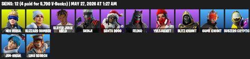 [PC/XBOX] | 12 skins | Neo Versa | Blizzard Bomber | Slayer Juice WRLD | Shinji | Santa Dogg | Felina | Yulejacket | Blitz Knight | Game Knight | Full Access