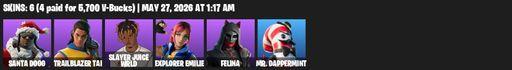 [PC/PSN/XBOX] | 6 skins | 500 V-bucks | Santa Dogg | Trailblazer Tai | Slayer Juice WRLD | Explorer Emilie | Felina | Mr. Dappermint | Full Access