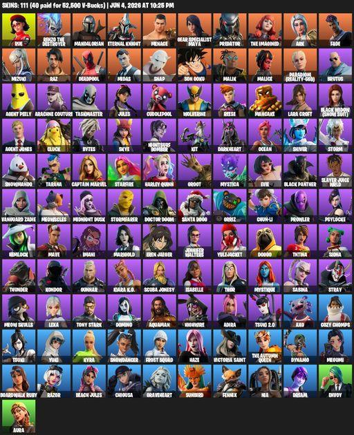 [PC/PSN/XBOX] | 111 skins | Lara Croft | Rue | Renzo the Destroyer | Mandalorian | Eternal Knight | Menace | Gear Specialist Maya | Predator | Full Access