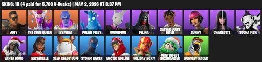[PC/PSN/XBOX] | 18 skins | Joey | The Cube Queen | Kymera | Polar Peely | Guggimon | Felina | Slayer Juice WRLD | Sunny | Charlotte | Toona Fish | Full Access