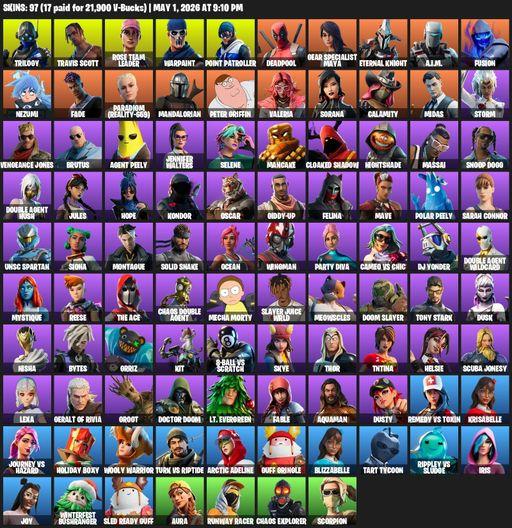 [PC/XBOX] | 97 skins | 750 V-bucks | OG STW | Travis Scott | Trilogy | Rose Team Leader | Warpaint | Point Patroller | Deadpool | Gear Specialist Maya | Full Access