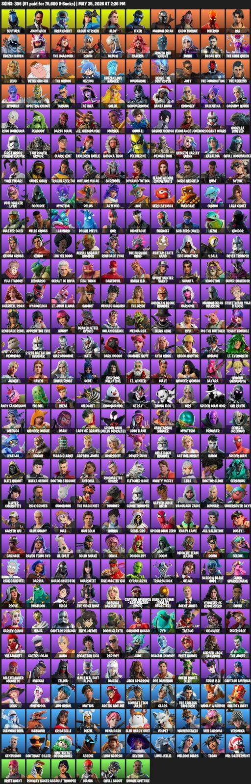 [PC/XBOX] | 306 skins | Lara Croft | Sultura | John Wick | Breakpoint | Cloud Striker | Aloy | Fixer | Mandalorian | Kado Thorne | Inferno | Raz | Full Access