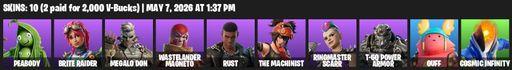 [PC/PSN/XBOX] | 10 skins | 950 V-bucks | Peabody | Brite Raider | Megalo Don | Wastelander Magneto | Rust | The Machinist | Ringmaster Scarr | Full Access