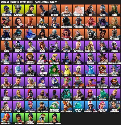 [PC/XBOX] | 95 skins | Take The L | The Reaper | Elite Agent | Omega | Mako | Reaper Axe | Blue Striker | Fade | Enforcer | Ragnarok | Peter Griffin | Full Access