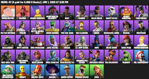 [PC/PSN/XBOX] | 47 skins | 1000 V-bucks | Peter Griffin | Valeria | Marge Simpson | Omen Hunter Calamity | Rust | Danica | Solid Snake | Agent Patch | Full Access
