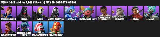 [PC/PSN] | 14 skins | 550 V-bucks | Explorer Emilie | Felina | 1-Ball | Chaos Director | Nyanja | Undercover Skye | Slayer Juice WRLD | Meowdas | Full Access
