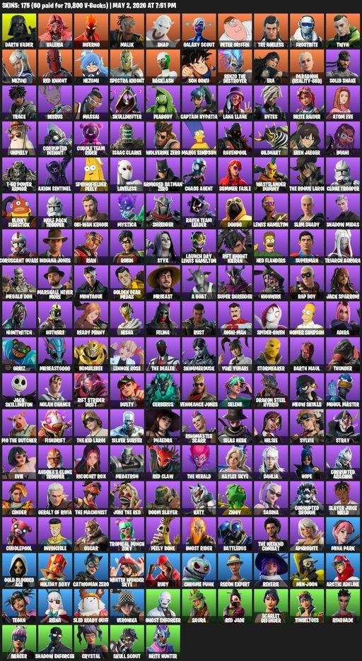 [PC/PSN/XBOX] | 175 skins | Reaper Axe | Darth Vader | Valeria | Inferno | Malik | Snap | Galaxy Scout | Peter Griffin | The Ageless | Frostbite | Full Access