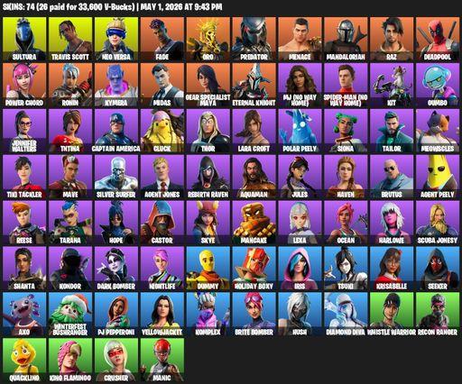 [PC/XBOX] | 74 skins | Travis Scott | Lara Croft | Sultura | Neo Versa | Fade | Oro | Predator | Menace | Mandalorian | Raz | Deadpool | Power Chord | Full Access