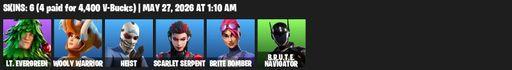 [PC/PSN/XBOX] | 6 skins | Lt. Evergreen | Wooly Warrior | Heist | Scarlet Serpent | Brite Bomber | B.R.U.T.E. Navigator | Groot's Sap Axes | Full Access