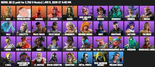 [PC/PSN/XBOX] | 38 skins | 550 V-bucks | Zeus | Peter Griffin | Inferno | Valeria | Hades | Void Walker Lynx | Sedona | Cerberus | Medusa | Oscar | Full Access