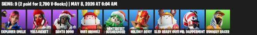 [PC/PSN/XBOX] | 9 skins | 500 V-bucks | Explorer Emilie | Yulejacket | Santa Dogg | Guff Gringle | Winterfest Bushranger | Holiday Boxy | Full Access
