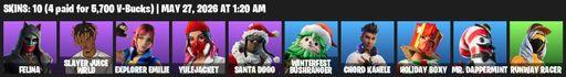[PC/PSN/XBOX] | 10 skins | 800 V-bucks | Felina | Slayer Juice WRLD | Explorer Emilie | Yulejacket | Santa Dogg | Winterfest Bushranger | Chord Kahele | Full Access