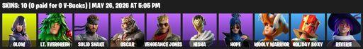 [PC/XBOX] | 10 skins | 550 V-bucks | Glow | Lt. Evergreen | Solid Snake | Oscar | Vengeance Jones | Nisha | Hope | Wooly Warrior | Holiday Boxy | Full Access