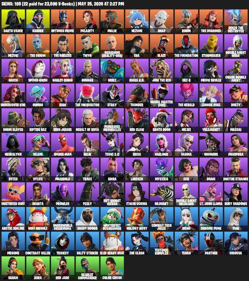 [PC/PSN/XBOX] | 105 skins | 700 V-bucks | Darth Vader | Xander | Optimus Prime | Polarity | Malik | Nezumi | Snap | Ronin | The Imagined | Full Access