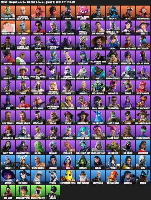 [PC/PSN] | 124 skins | 2100 V-bucks | Spectra Knight | Paradigm (Reality-659) | Valeria | Malice | Ravage | Cuddle Team Leader | Omegarok | Deadeye | Full Access