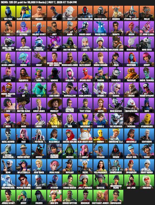 [PC/XBOX] | 128 skins | Leviathan Axe | Lara Croft | Sultura | Cloud Striker | Menace | Fade | Snap | The Foundation | Mandalorian | Magnus | Full Access