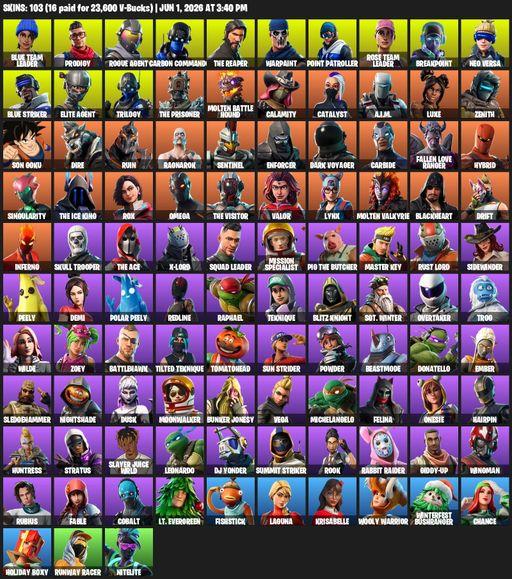 [PC/XBOX] | 103 skins | 900 V-bucks | Take The L | OG STW | The Reaper | Elite Agent | Omega | Blue Team Leader | Prodigy | Rogue Agent | Full Access
