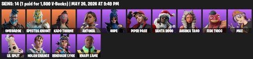[PC/XBOX] | 14 skins | 1350 V-bucks | Omegarok | Spectra Knight | Kado Thorne | Antonia | Hope | Piper Pace | Santa Dogg | Ahsoka Tano | Fish Thicc | Full Access