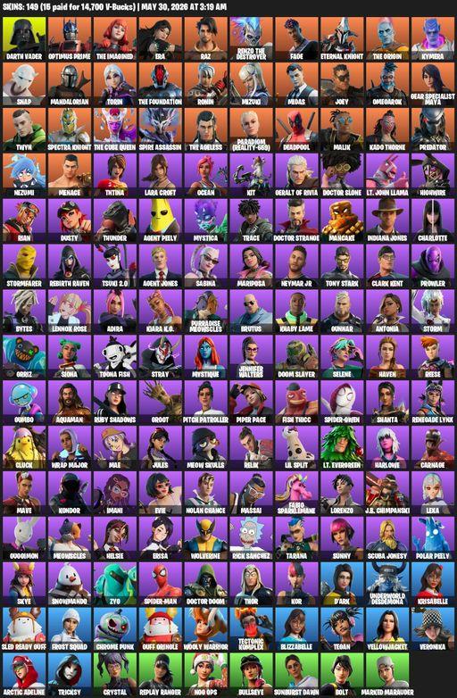 [PC/XBOX] | 149 skins | 1050 V-bucks | Lara Croft | Darth Vader | Optimus Prime | The Imagined | Era | Raz | Renzo the Destroyer | Fade | Full Access