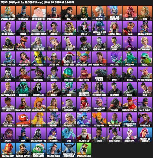 [PC/PSN/XBOX] | 96 skins | 950 V-bucks | Spectra Knight | Omegarok | Peter Griffin | Optimus Prime | Era | Hades | Mizuki | Renzo the Destroyer | Full Access