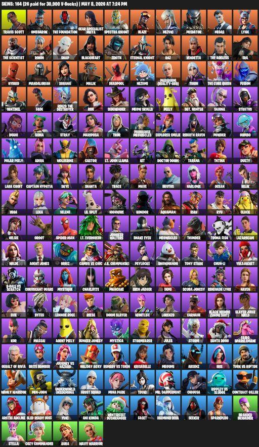 [PC] | 164 skins | Leviathan Axe | Travis Scott | Lara Croft | Omegarok | The Foundation | Gear Specialist Maya | Spectra Knight | Blaze | Mizuki | Full Access