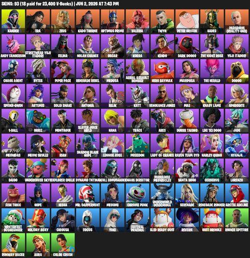 [PC/PSN/XBOX] | 93 skins | Reaper Axe | Xander | Era | Zeus | Kado Thorne | Optimus Prime | Valeria | Twyn | Peter Griffin | Hades | Full Access