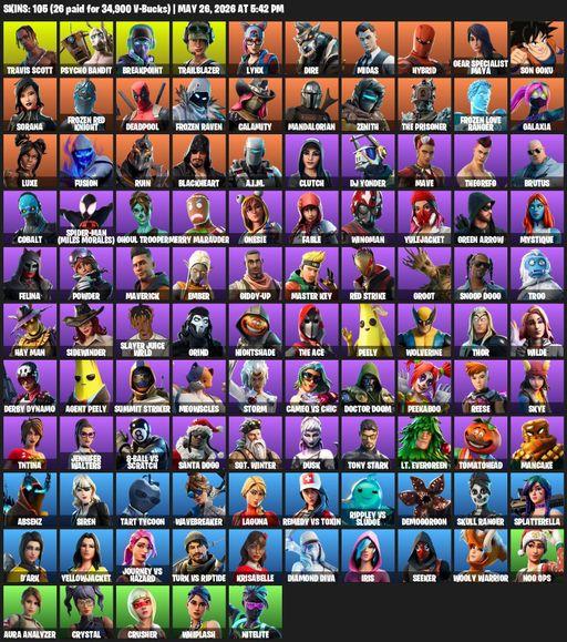 [PC/XBOX] | 105 skins | 1250 V-bucks | Travis Scott | Psycho Bandit | Breakpoint | Trailblazer | Lynx | Dire | Midas | Hybrid | Gear Specialist Maya | Full Access