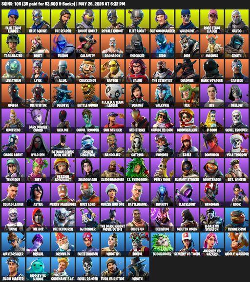 [PC/PSN/XBOX] | 106 skins | Merry Mint Axe | Take The L | OG STW | Royale Knight | The Reaper | Elite Agent | Blue Squire | Omega | Blue Team Leader | Full Access